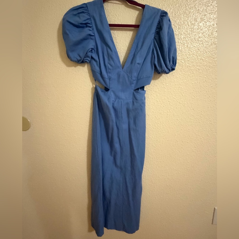 Reiss Backless Blue Dress with Puff Sleeves
